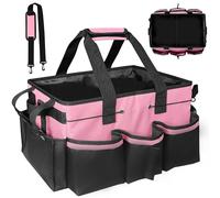 KEGOZ Cleaning Caddy Bag, Foldable Large Capacity Cleaning Bag with Handle & Detachable Thick Dividers, Oxford Cleaning Products Organiser, Multifunctional Cleaning Bags for Home, Car, Garden (Pink)
