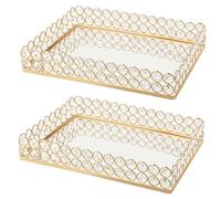 KEHAIL 2 Pcs Gold Metal Crystal Mirror Tray - 11.2"x8.1" Table Centerpieces Tray, Multi-Functional Display for Flowers/Cupcakes/Jewelry, Vanity Organizer & Wedding Dessert Table Accent