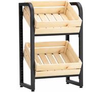 KEhtu Wooden Fruit Vegetable Storage Basket Stand, Tiered Market Retail Display Rack For Supermarket & Farmstand, Versatile Floor Snack Produce Black+natural 2-Tier Arched