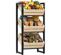 KEhtu Wooden Fruit Vegetable Storage Basket Stand, Tiered Market Retail Display Rack For Supermarket & Farmstand, Versatile Floor Snack Produce Black+natural 3-Tier Square