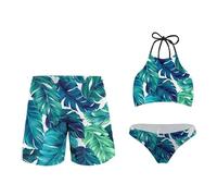 KEIAHUAN Couples Matching Swimsuit for Him and Her Summer Beachwear Women Bikini Set Men Trunk Beach Shorts, Green Palm, Medium