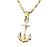 keigtuxh Iced Out Anchor Pendant Necklace - 18K Gold Plated Stainless Steel Necklace for Men, 24 Inch Box Chain, Gift for Him