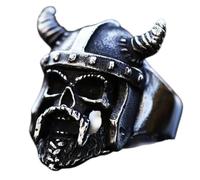 keigtuxh Viking Warrior Skull Ring for Men, Norse Horned Helmet 3D Sculpted, Gothic Biker Stainless Steel Vintage Statement Band (Silver,13)
