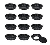 KEILEOHO 12 PCS 4 Inch Small Flan Tins, 10cm Mini Black Tart Pan with Loose Base, Round Fluted Quiche Tins for Baking, Cooking