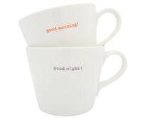 Keith Brymer Jones Word Range Large Ceramic White Mug Pair - Good Morning! (Orange) & Good Night! (Lilac) - 350ml - Gift Boxed