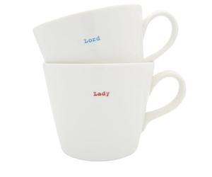 Keith Brymer Jones Word Range Large Ceramic White Mug Pair - Lord (Blue) & Lady (red) - 350ml - Gift Boxed