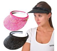 Kejea 2 Pack Sparkly Rhinestone Clip on Visor Hats Women Men Sun Visors Hat Crystal Studded Shiny Sports Golf Beach Tennis Caps, Black-pink, 6 3/4-7 1/2