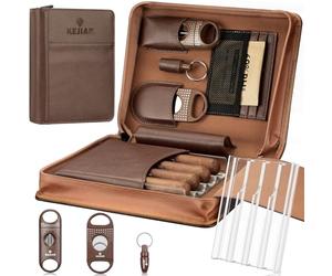 KEJIAR Cigar Humidor Case, Portable Cigar Box with Straight Cutter, V Cutter, Hole Punch, Humidifier Packs, Travel Humidor and Cigar Accessories Set
