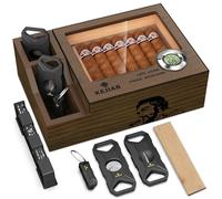 KEJIAR Cigar Humidor with 2 Side Cigar Accessories Boxes,Glass Top Cedar Small Cigar Humidor with Cigar Cutter,V-Cutter, Humidifier and Digital Hygrometer, Cigar Gifts for Men