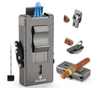 KEJIAR Cigar Lighter with Triple Jet Flame, Windproof Refillable Butane Lighter with Cigar V-Cutter, Cigar Punch, Cigar Holder, Cigar Pull Amplifier 5 in 1, Adjustable Pocket