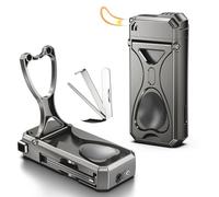 KEJIAR Pipe Lighter ，4 in 1 Soft Flame Lighter with Pipe Stand, 3 Collapsible Pipe Cleaning Tools, Refillable Butane, Men's Pipe Set Gift (Grey)