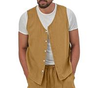 KEKEE Casual Linen Suit Vest For Men, Lightweight Single Breasted Waistcoat Thin Breathable Sleeveless Smoking Jacket Sport Jacket Summer Leisure Jacket Top Brown M