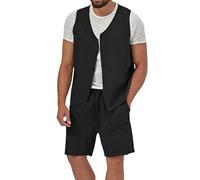 KEKEE Casual Linen Suit Vest For Men, Men Single Breasted Waistcoat Shorts Set Lightweight Breathable Sleeveless Sport Jacket Summer Leisure Jacket Top Black L