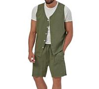 KEKEE Casual Linen Suit Vest For Men, Men Single Breasted Waistcoat Shorts Set Lightweight Breathable Sleeveless Sport Jacket Summer Leisure Jacket Top Dark Green L
