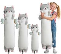 Kekeso Long Cat Plush Pillow, Cute Cat Stuffed Animal Body Pillow with Wings, Soft Kawaii Kitty Hugging Pillow, Christmas Valentine's Birthday Gift for Kids Girls Boys (Gray, 110cm/43.31in)