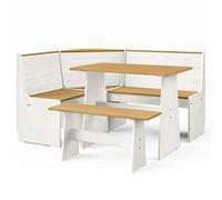 Keketa 3 Piece Dining Set, Wooden Dining Table & Corner Bench for 6, Space Saving Kitchen Table Set, Honey Brown & White Solid Wood Pine