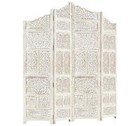Keketa Hand carved Panel Screen with 4 Panels, Folding Room Divider, Wooden Room Partitions Screen Indoor Outdoor Bedroom Office Patio Privacy White 160x165 cm Solid Mango Wood