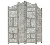 Keketa Hand carved Panel Screen with 4 Panels, Folding Room Divider, Wooden Room Partitions Screen Indoor Outdoor Bedroom Office Patio Privacy Grey 160x165 cm Solid Mango Wood