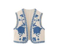KEKUBUWE Womens Vintage Floral Embroidered Vest Tops, Y2k Sleeveless Open Front Crop Vest, Boho Floral Waistcoat Jacket (Blue-1,XS)