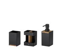 kela 390241 Bathroom Set 3-Piece 1 Soap Dispenser 1 Cup 1 Toothbrush Holder Polyresin/Oak Look Matte Black Cube 26 x 22 x 9 cm