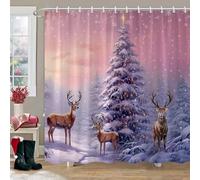KELAIMI Merry Christmas Shower Curtain 200x240,Winter Forest Xmas Tree Deer Snowflake Scene Bathroom Decor,New Year Festival Pink Bathroom Curtain for Wet Room Bathtub W 94.5 "X L 78.7" (1Panels)