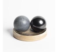 Keled Rocks Shungite Crystal - Yin Yang Balls on Oak Stand - 1.8 Inches - Solid Baoding Balls - Shungite Stones for Hand Therapy, Exercise and Stress Relief - Oriental Practice