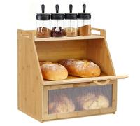 Keleef 2-Layer Bread Bin, Bamboo Bread Bins for Kitchen, Double Decker Bread Box Large Capacity Bread Storage with Stiped Window Door Panel, Breadbin for Homemade Bread 37.8x28x38.8cm
