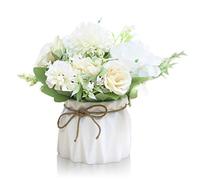 Keleily Hydrangea Artificial Flowers Indoors with Ceramic Vase Roses Silk Flowers in Small Pot Realistic Flower Arrangements for Wedding, Office, Table, Window, Living Room, Bedroom, Party, White