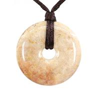 Keleny Semi Precious Gemstones Natural 40mm Circle Peace Donut Beads Adjustable Braided Rope Pendant Necklace 20 Inch, Stone, Jasper