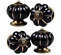 Kelier Ceramic Cabinet Knobs, [4 Pack] Vintage Sleek Pumpkin Door Pull Handles for Kitchen/ Dresser Drawer/ Cupboard/ Wardrobe, Black