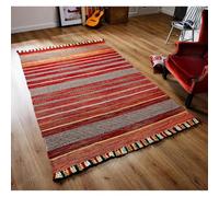 Kelim Area Rug for Indoor Use | Soft Cotton Blend Washable Carpet Runner | Handwoven Flatweave Red Stripe Mat for Living Room, Bedroom, Dining Room, Hallway, Floor Decor-67x220