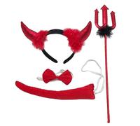 Kelisdi 4Pc Red PitchforksDevil Horn Headband Bowtie Tail Demons Costume Accessories Halloween Fancy Dress Up Cosplay Party Prop Devil Costume Set For Men Women