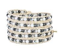 KELITCH Crystal 5 Wraps Bracelets Handmade Leather Beaded Bracelets Multi Strands Bracelets Bangles (White Gray)