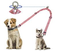 Kelivi Double Dog Lead Coupler, No Tangle 360°Swivel Rotation Two 2 Splitter, Heavy Duty Adjustable Bungee Reflective Dual Leash for Walking Medium Large (Pink)
