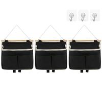 Kellegour 3 Pieces Wall Hanging Storage Bag with Pockets,Wall Hanging Organizer with Pockets,Hanging Storage Organiser,Linen-Cotton Bedside Storage with Hooks,for Kitchen,Bedroom,Office,RV Car,Black