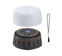 Kellegour Muslim Prayer Hat,2 pcs Embroidered Islamic Men's Skull Cap,Men's Embroidery Skull Cap,Islam Prayer Cap,Male Arabia Kufi Ramadan Embroidery Cap,and Muslim Prayer Beads,Ramadan Eid Gift