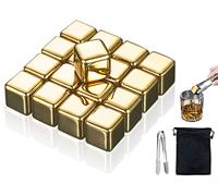 Kellegour Reusable Stainless Steel Ice Cubes,16 Pieces Metal Whiskey Stones Ice Stones,Reusable Whisky Ice Cubes Stones with Ice Tongs and bag,for Whiskey,Vodka,Wine,Beverage,Juice Or Lemonade,Golden