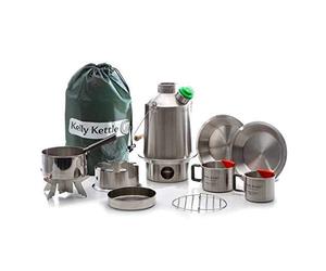 Kelly Kettle® - Ultimate 'Scout' Kit. VALUE DEAL | Includes 1.2 ltr Stainless Steel Camping Kettle +Cook Set +Hobo Stove +2 Cups +2 Plates +Base Support | Uses Sticks to Boil Water & Cook Fast