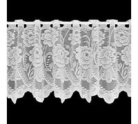 Kellyuk Floral Budget White Quality Cafe Net Curtain With Scalloped Hem & Floral Design - 7 Metres Wide x 18" (45cm) Drop