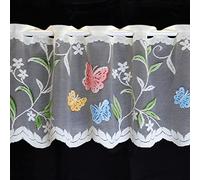 kellyuk Multi Coloured Butterfly Cafe Net Curtain With Scalloped Hem & Butterflies Floral Design With Red, Yellow, Green & Blue Detail - 3 Metres Wide x 24'' (60cm) Drop, White