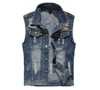 Kelmon Mens Denim Vest Jacket Ripped Vintage Casual Biker Vest Motorcycle Coat Cowboy Lapel Sleeveless Vest