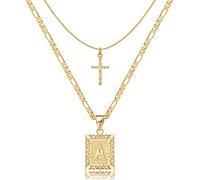 KELORIS PATH Gold Layered Initial Cross Necklace, 14K Gold Plated Layering Square Letter Pendant Figaro Chain Cross Choker from A-Z Capital Jewelry for Women Girls, Stainless Steel, Cubic Zirconia