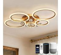 KeLuKes Ceiling Fan with Light Compatible with Alexa, 100cm Living Room Ceiling Fan Light, Silent Timer Dimmable Reversible Ring Smart Fans with Lamps, Gold