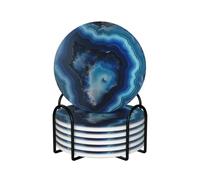 keluki 6 Pcs Ceramic Coasters with Holder Absorbent Drink Coasters,Round Ceramic Blue Agate Geode Print Design Coasters for Home Table Coffee Cup Wine Beer Bar,Size 4.4 inches