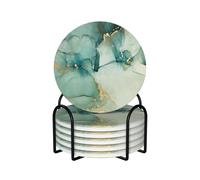 keluki 6 Pcs Ceramic Coasters with Holder Absorbent Drink Round Blue Green Jade Texture Marble with Golden Design for Home Table Coffee Cup Wine Beer Bar,Size 4.4 inches