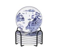 keluki 6 Pcs Ceramic Coasters with Holder Absorbent Drink Round China Blue and White Porcelain Royal Collection Design for Home Table Coffee Cup Wine Beer Bar,Size 4 inches