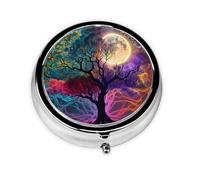 keluki Magic Fantasy Tree Moon Art Print Round Metal Pill Box with 3 Compartment for Pocket or Purse Travel Bag Mini Small Size 2 inche
