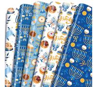 Keluna Happy Hanukkah Wrapping Paper Sheets - 12 Pcs Chanukah Holiday Wrapping Paper, Hanukkah Menorahs Blue Star of David Dreidels Design Gift Wrap Sheets