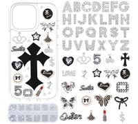 Keluna Silver Black Junk Case Charms - Flat Back DIY Phone Case Charms Kit with Tweezers, Letters Cross Cherry Bow Butterfly Crown Star Heart Shape Resin Beads Mixed Assorted Design