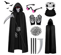 KELUOWANG 6Pcs Halloween Grim Reaper Costume: Grim Reaper Outfit for Adult | Includes Hooded Cloak Skull Mask Light-up glasses Scythe Skeleton Gloves - Cosplay Halloween Events Horror Themes Men&Women